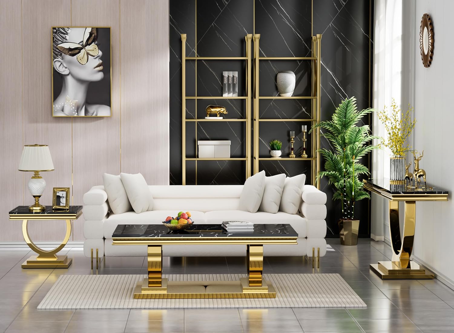 Henf 3 Piece Living Room Table Set, Faux Marble Coffee Table & Console Table & End Table, Luxury Black Gold Coffee Table Set of 3 with Mirrored Stainless Steel Base for Living Room Apartment