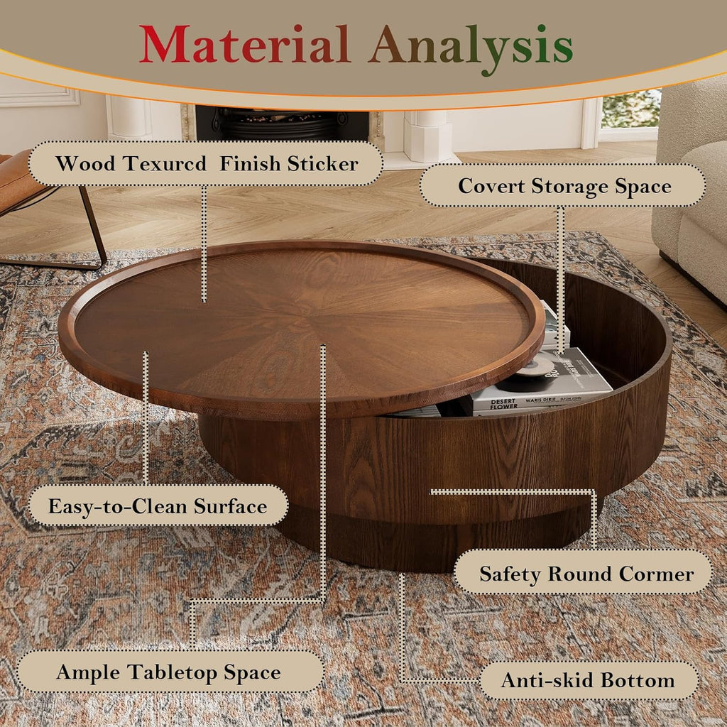 Round Coffee Table with Storage 30.7' Modern Stylish Circle Accent Table - Ample Tabletop & Covert Storage Space for Living Room Balcony Study (Brown-Storage Space)