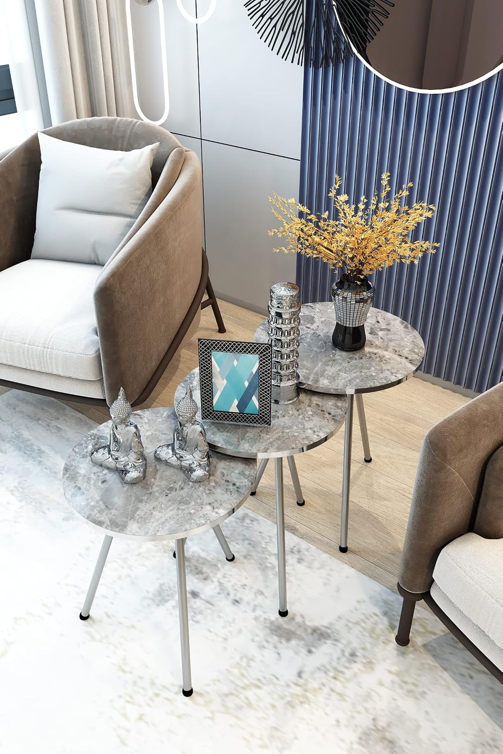 Set of 3 Nesting END Tables - Round Stacking Coffee Side Tables for Small Spaces, Nightstand Bedside Table for Living Room, Bedroom, Living Room, Balcony, NO-Tools Assembly (Gray Marble/Silver)