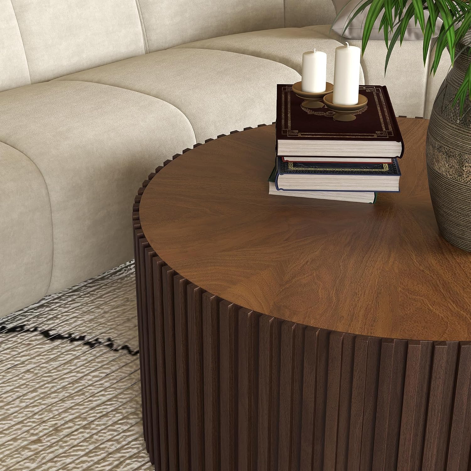 POVISON Round Coffee Table,Mid Century Modern Fluted Coffee Table for Living Room Bedroom Office, 31.5', Walnut