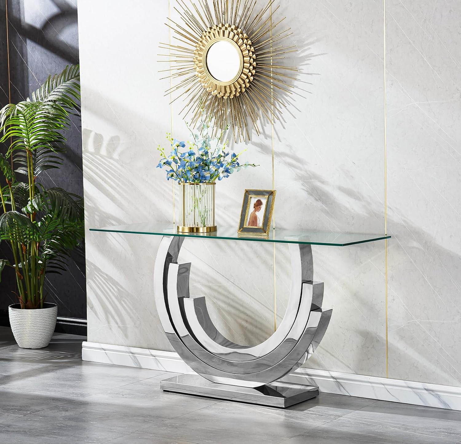 SSLine 1 Piece Living Room Console Table Luxury Glass Entryway Table,Modern Silver Console Table with Ring-Shape Stainless Steel Pedestal Base for Hallway Corridor(1 Console Table)