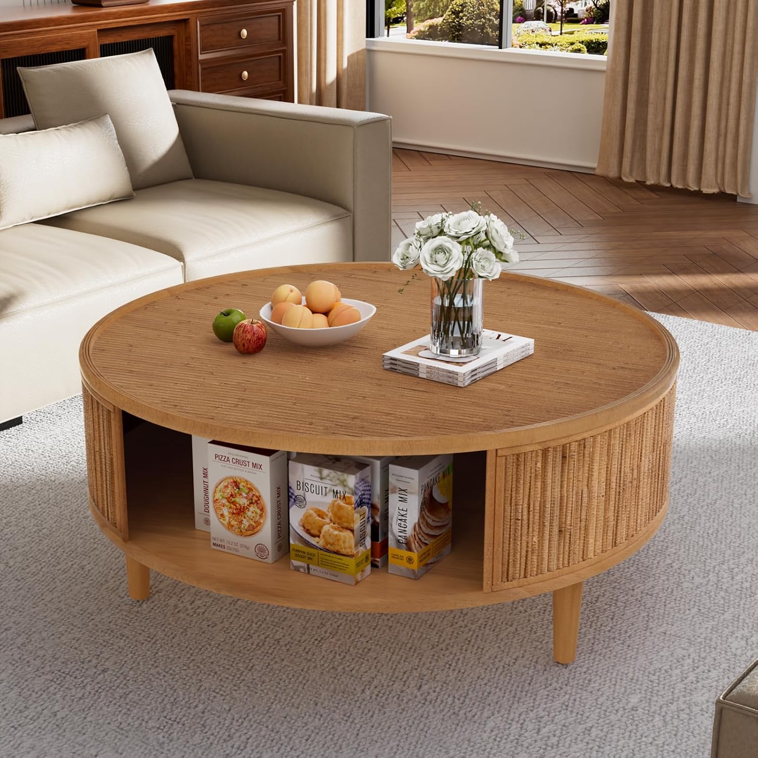30.5in Rustic Round Coffee Table with Storage, Circular Farmhouse Bamboo Center Tables with Anti-Skid Solid Wood Legs, for Living Room (Bamboo Woven 30.5in)