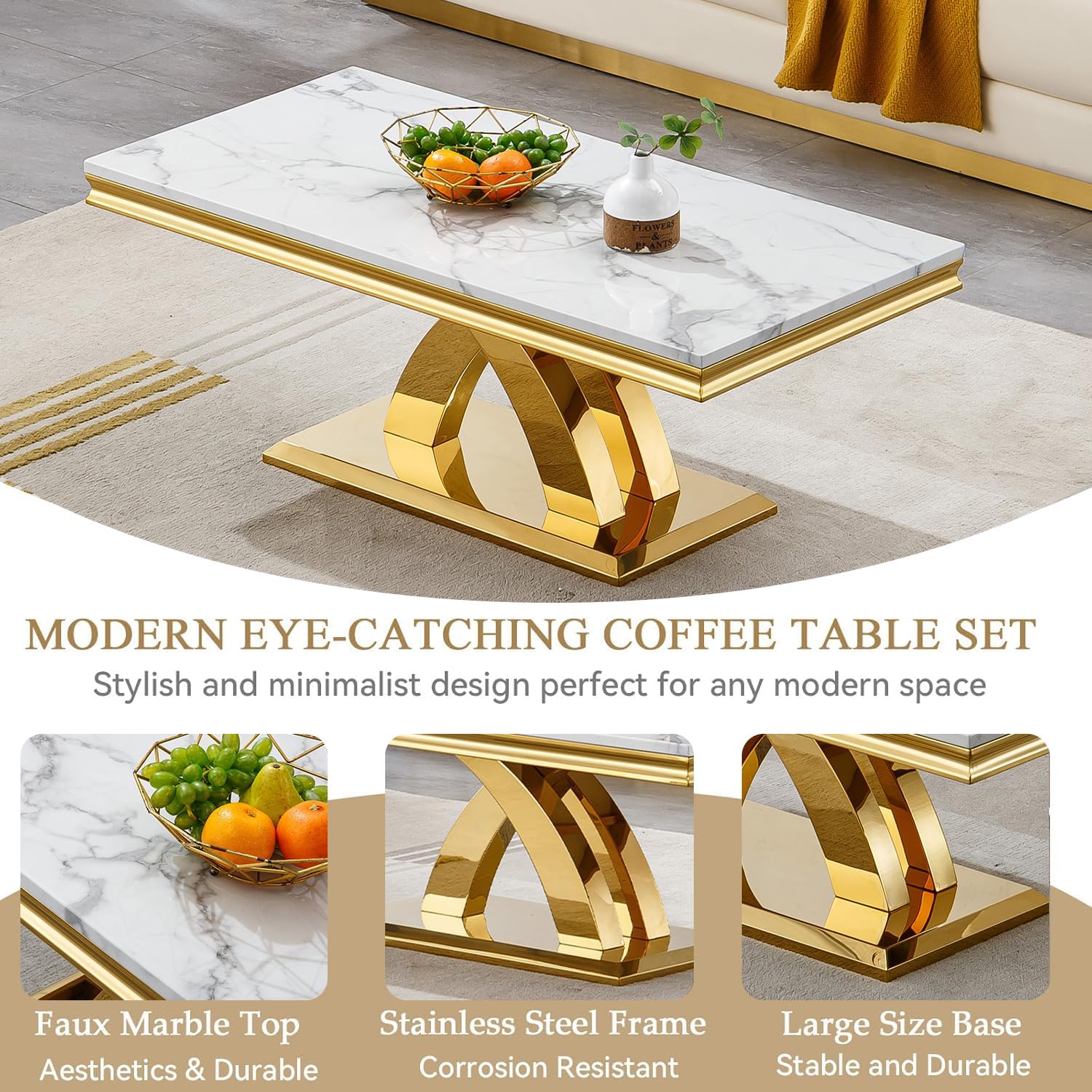 Marble Coffee Table Set of 2, 2 Piece Living Room Table Set Include 1 Coffee Table & 1 End Table,Modern White Gold Coffee Table and End Table Sets with Double X Shape Stainless Steel Base