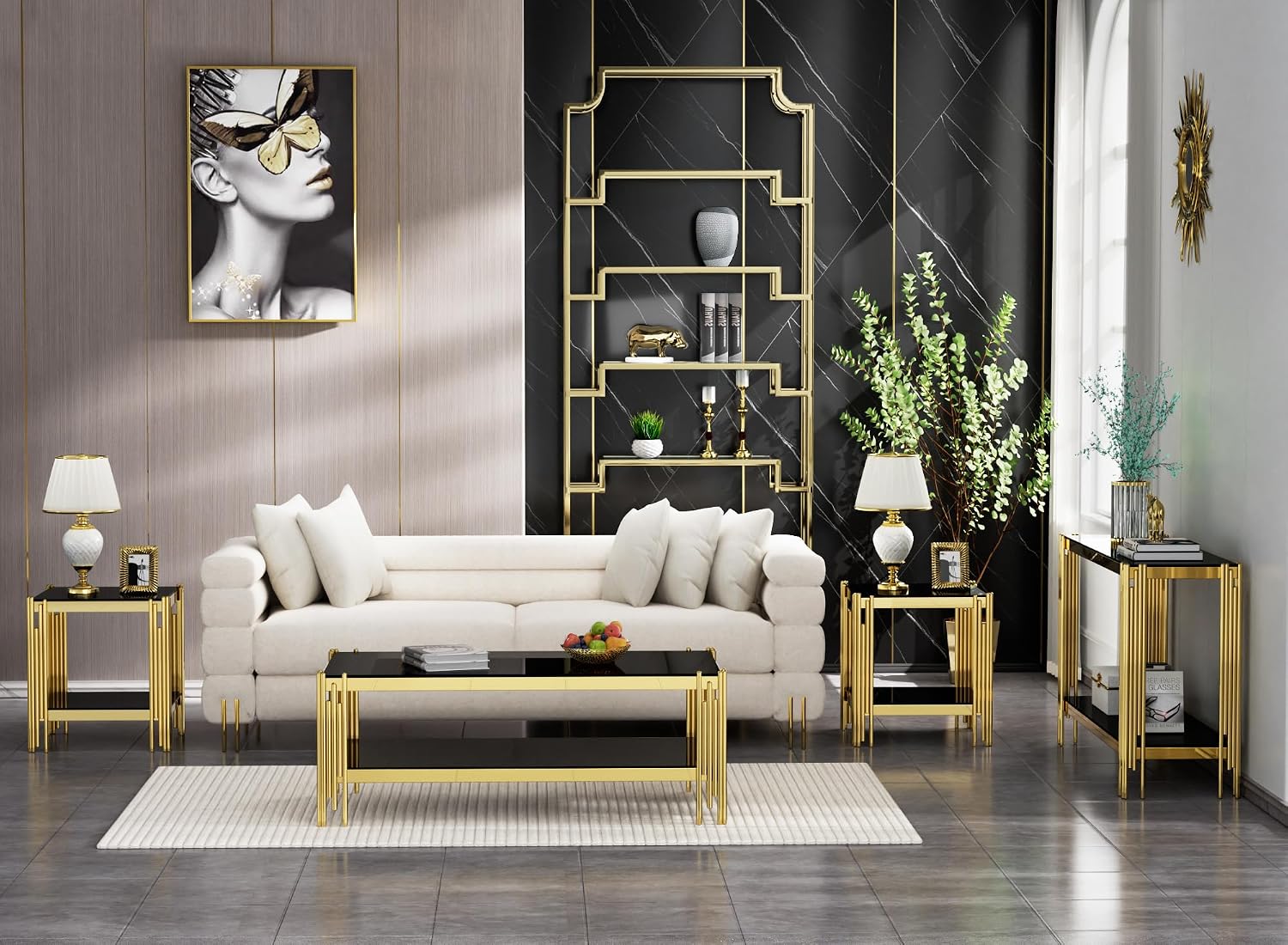 Gold Coffee Table Set of 4 Luxury 2-Tier Glass Coffee Table Console Table & 2 End Table w/Mirrored Stainless Steel Frame Modern 4 Pieces Living Room Table Set for Home Office