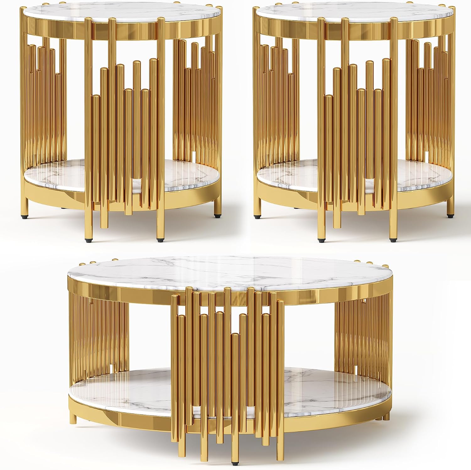 3-Piece Coffee & 2 End Table Set, 2-Tier Round White Faux Marble Tables with Gold Stainless Steel Frame, Modern Living Room Table Set for Bedroom or Office