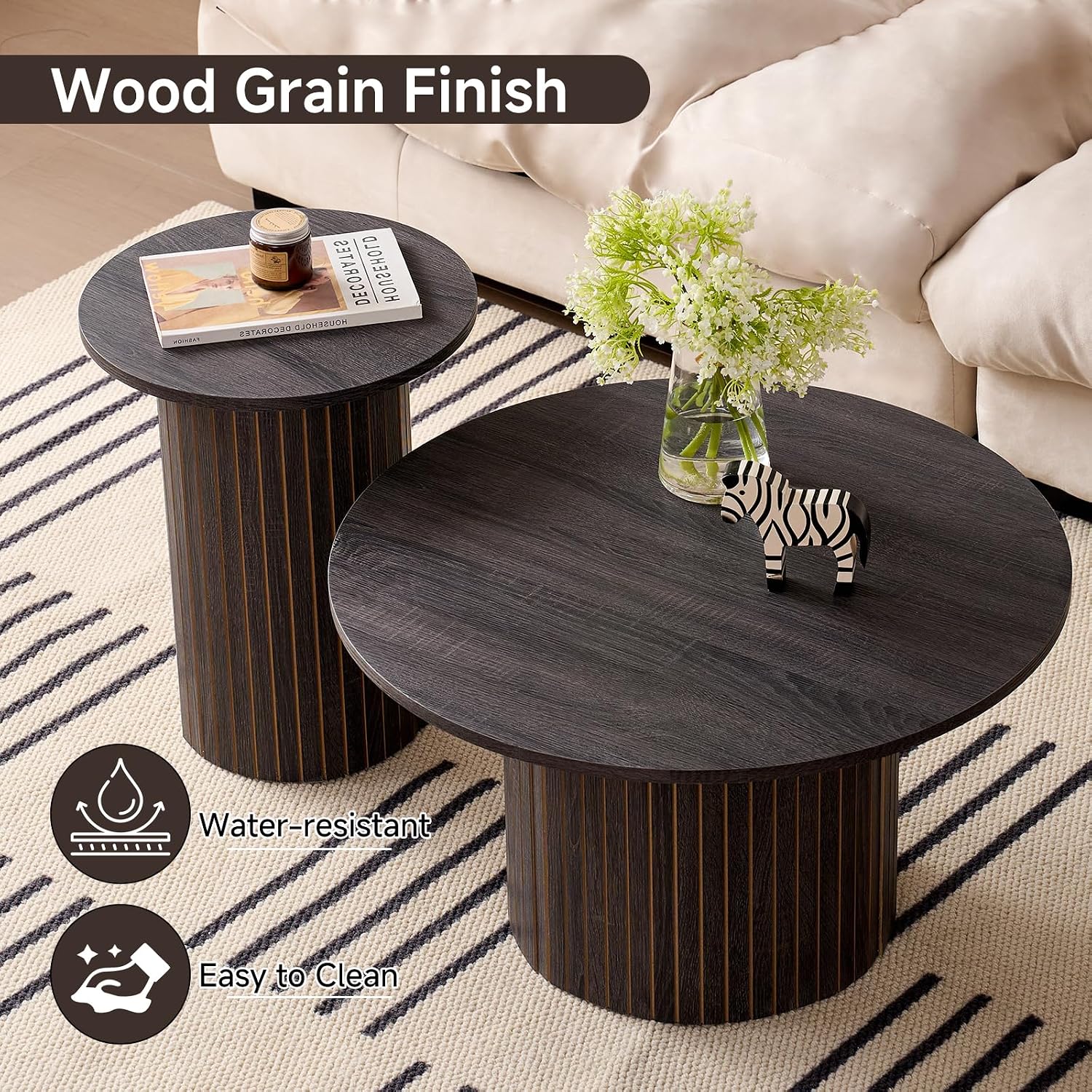 Round Coffee Tables Set of 2, Circle Modern Small Wood Side Table with Fluted Style Drum Base for Living Room Bedroom Balcony Office, Balck