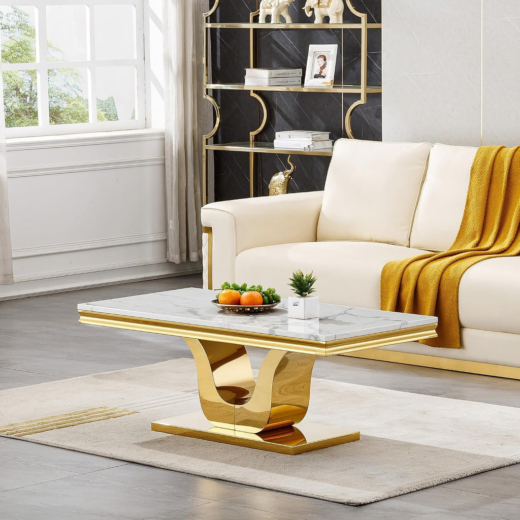 3 Pieces Living Room Table Set, Faux Marble Coffee Table Set of 3, Modern Coffee Table, Console Table and End Table with U-Shaped Stainless Steel Base for Living Room (White Gold)