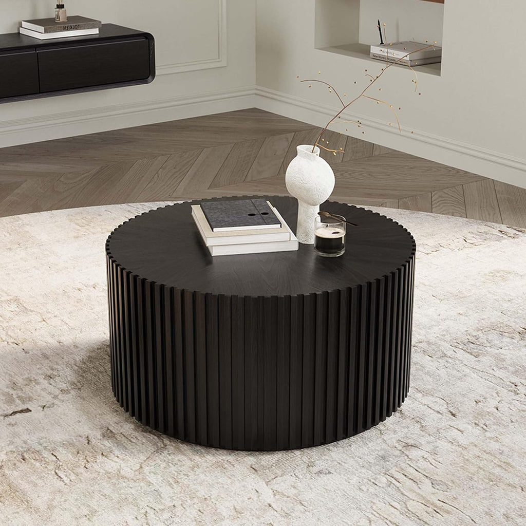 POVISON Mid Century Modern Coffee Table with Fluted Design, 31.5' Round Coffee Table for Living Room, Black Wood Coffee Table for Home Office Apartment