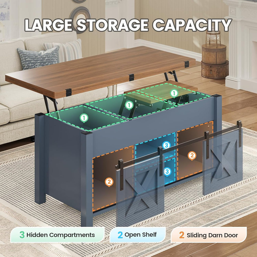 SEDETA Lift Top Coffee Table, 4 in 1 Multi-Function Convertible Coffee Tables with Storage and Hidden Compartment, Farmhouse Coffee Table Converts to Dining Table for Living Room, Blue