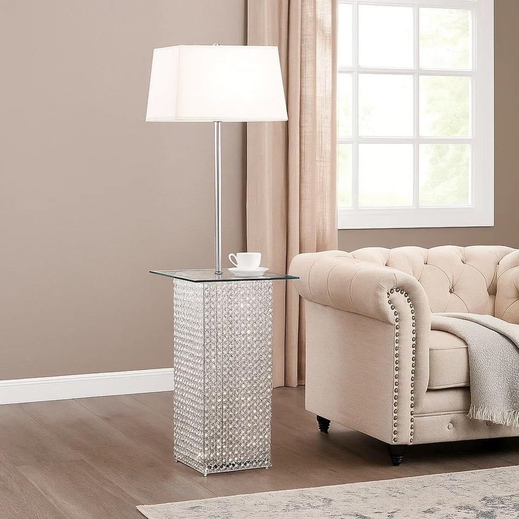 Benjara 59 Inch Floor Lamp with Glass Tabletop, Crystal Stand, Metal, White, Chrome and Clear