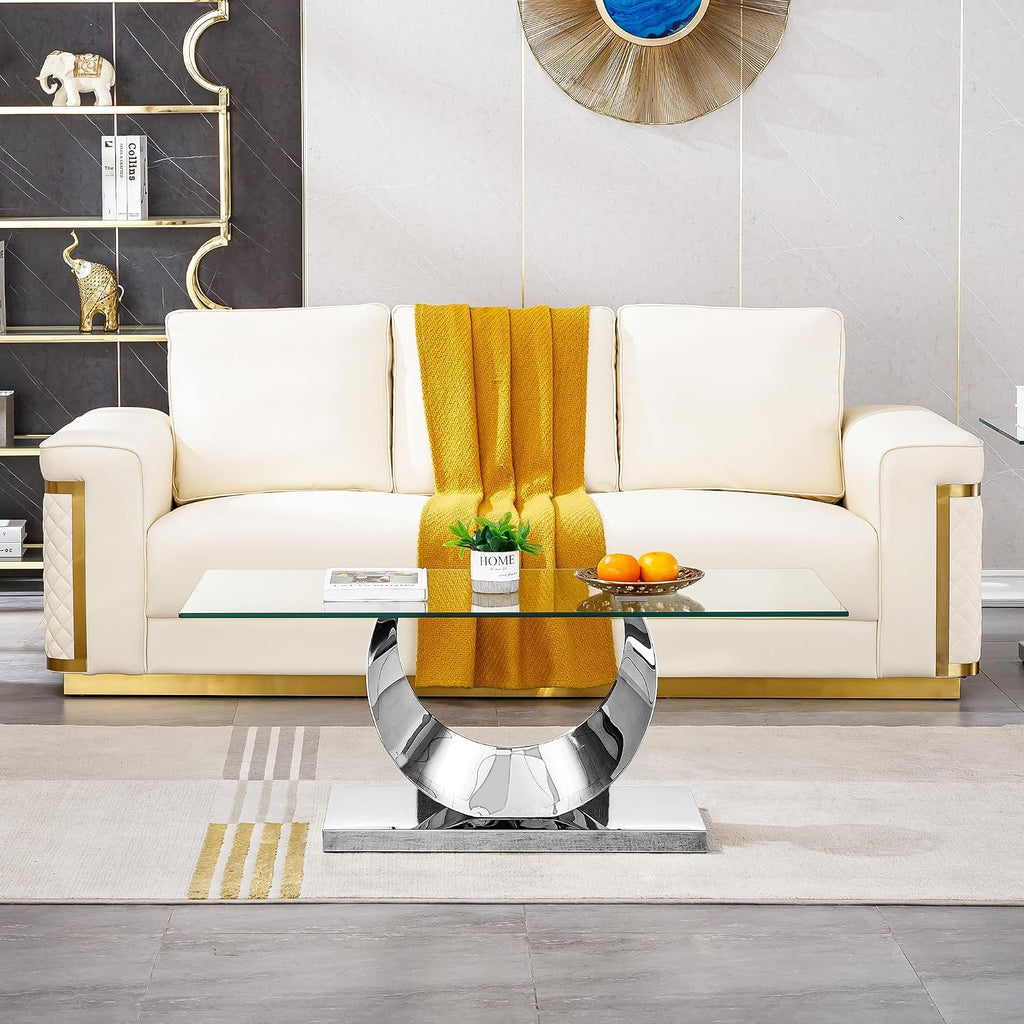 2 Pieces Living Room Table Set, Glass Coffee Table Set of 2, Modern Coffee Table and Console Table with U-Shaped Stainless Steel Base for Living Room (Silver)