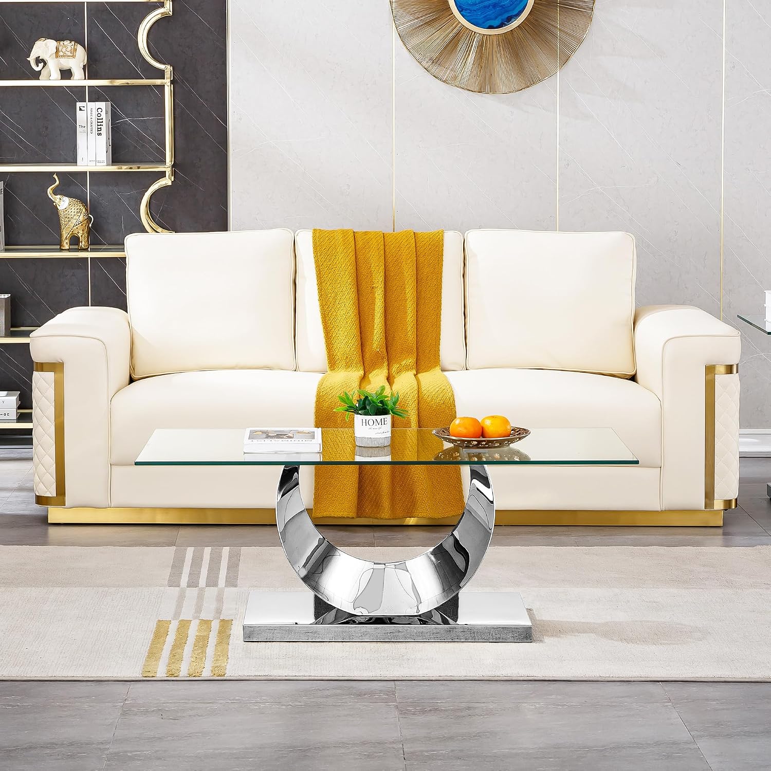 2 Pieces Living Room Table Set, Glass Coffee Table Set of 2, Modern Coffee Table and Console Table with U-Shaped Stainless Steel Base for Living Room (Silver)