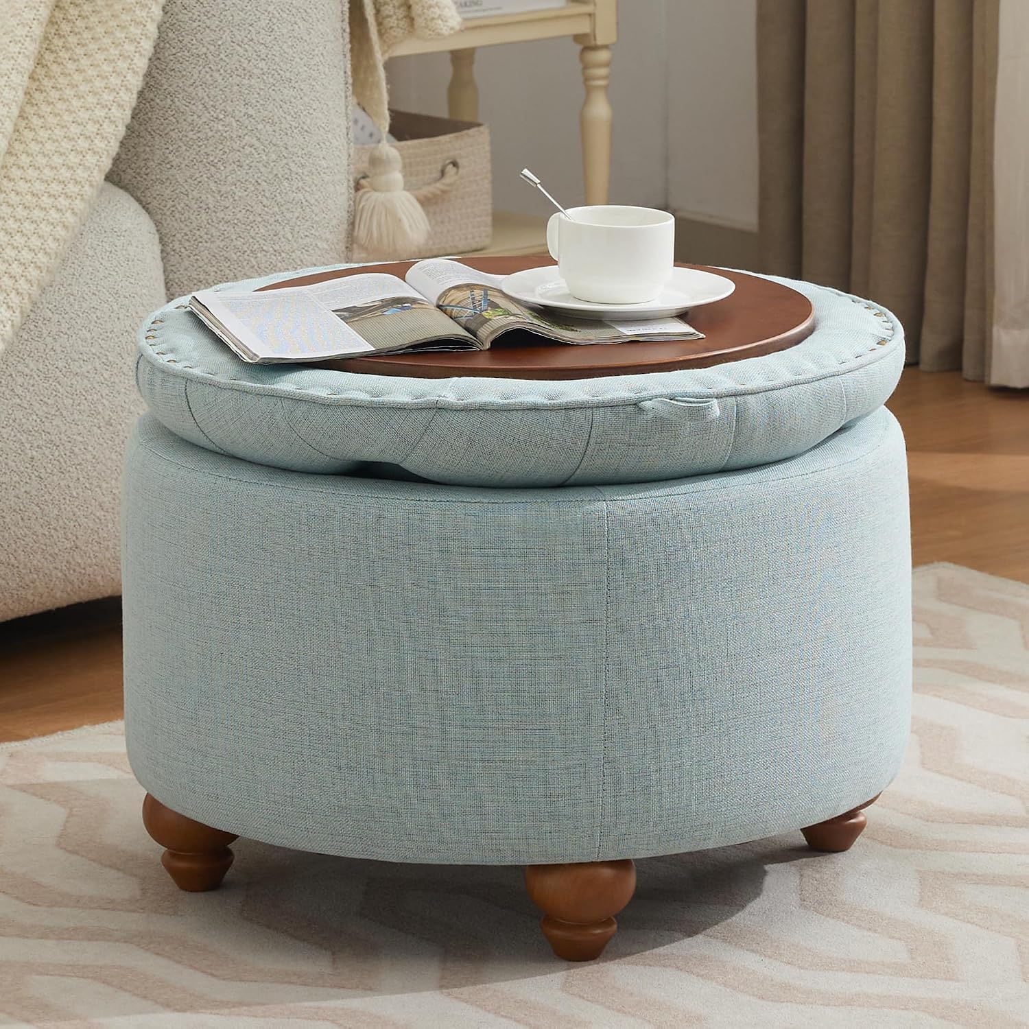 WUTUTUEE 24Inch Round Storage Ottoman with Tray, Modern Tufted Fabric Circle Coffee Table with Storage, Upholstered Ottoman with Removable Top for Living Room, Bedroom, Light Blue
