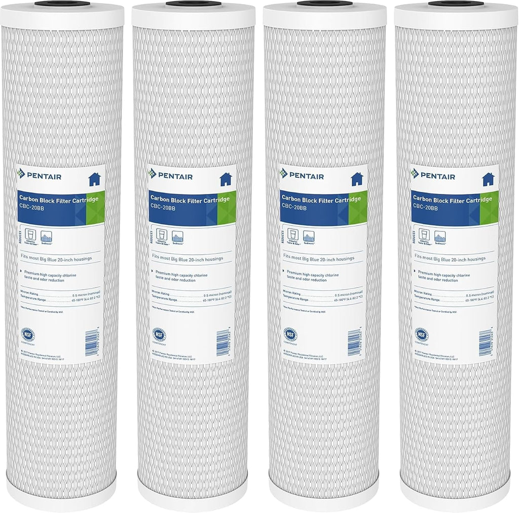 Pentair Pentek CBC20-BB Big Blue Carbon Block Water Filter, 20' x 4.5', 0.5 Micron, 150,000 Gallon Capacity, NSF Certified, Whole House Cartridge (Pack of 4)