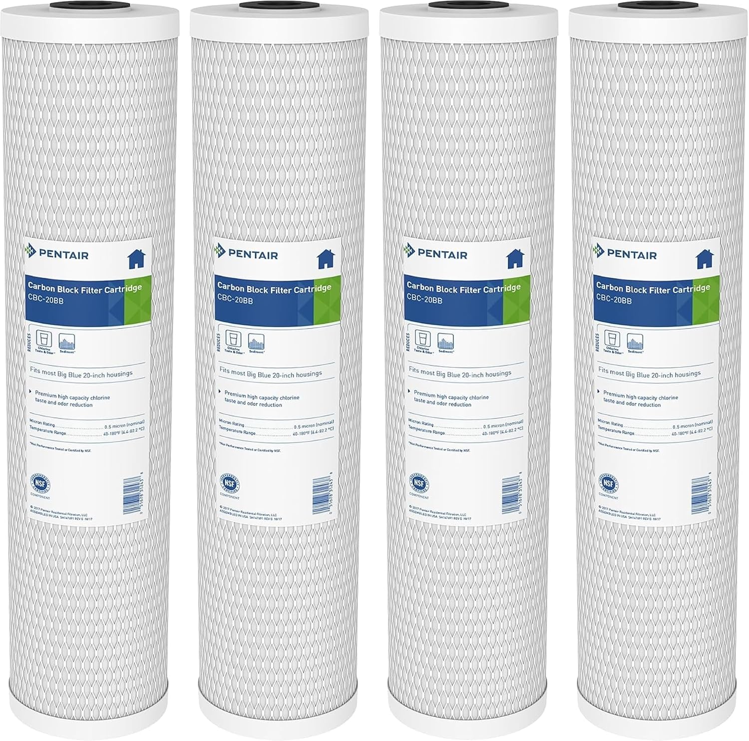 Pentair Pentek CBC20-BB Big Blue Carbon Block Water Filter, 20' x 4.5', 0.5 Micron, 150,000 Gallon Capacity, NSF Certified, Whole House Cartridge (Pack of 4)