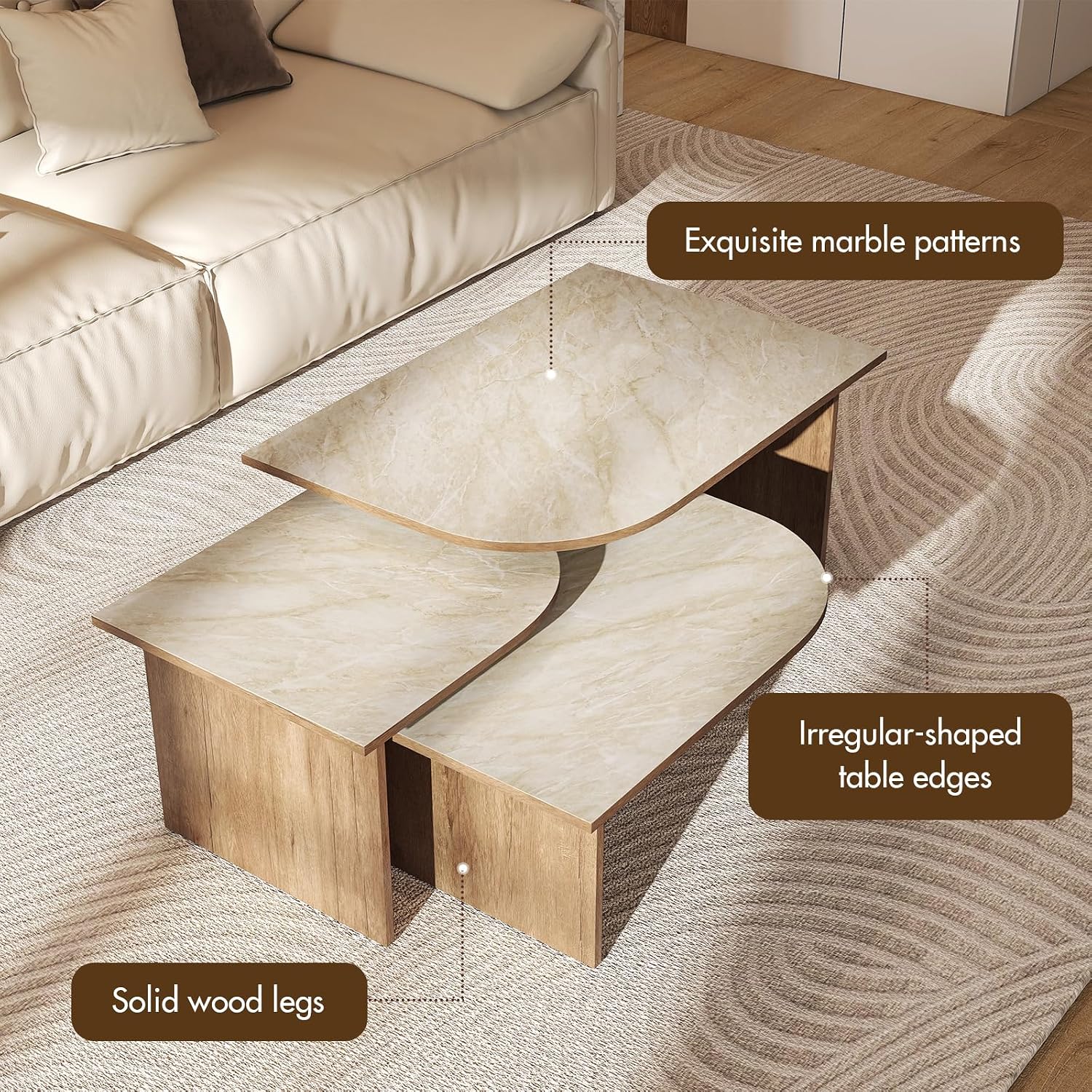 Mid Century Modern Coffee Table Set of 3, Nesting Coffee Tables with Marble Pattern Tabletop and Solid Wood Legs,Wood Side Tables for Living Room, Natural