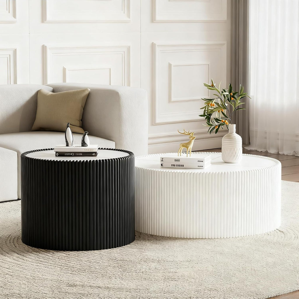 Modern Round Coffee Table Set of 2 Luxury Sintered Stone Top Coffee End Table in White/Black Leatherette Drum-Shape Small Coffee Side End Tables for Living Room,Fully Assembled