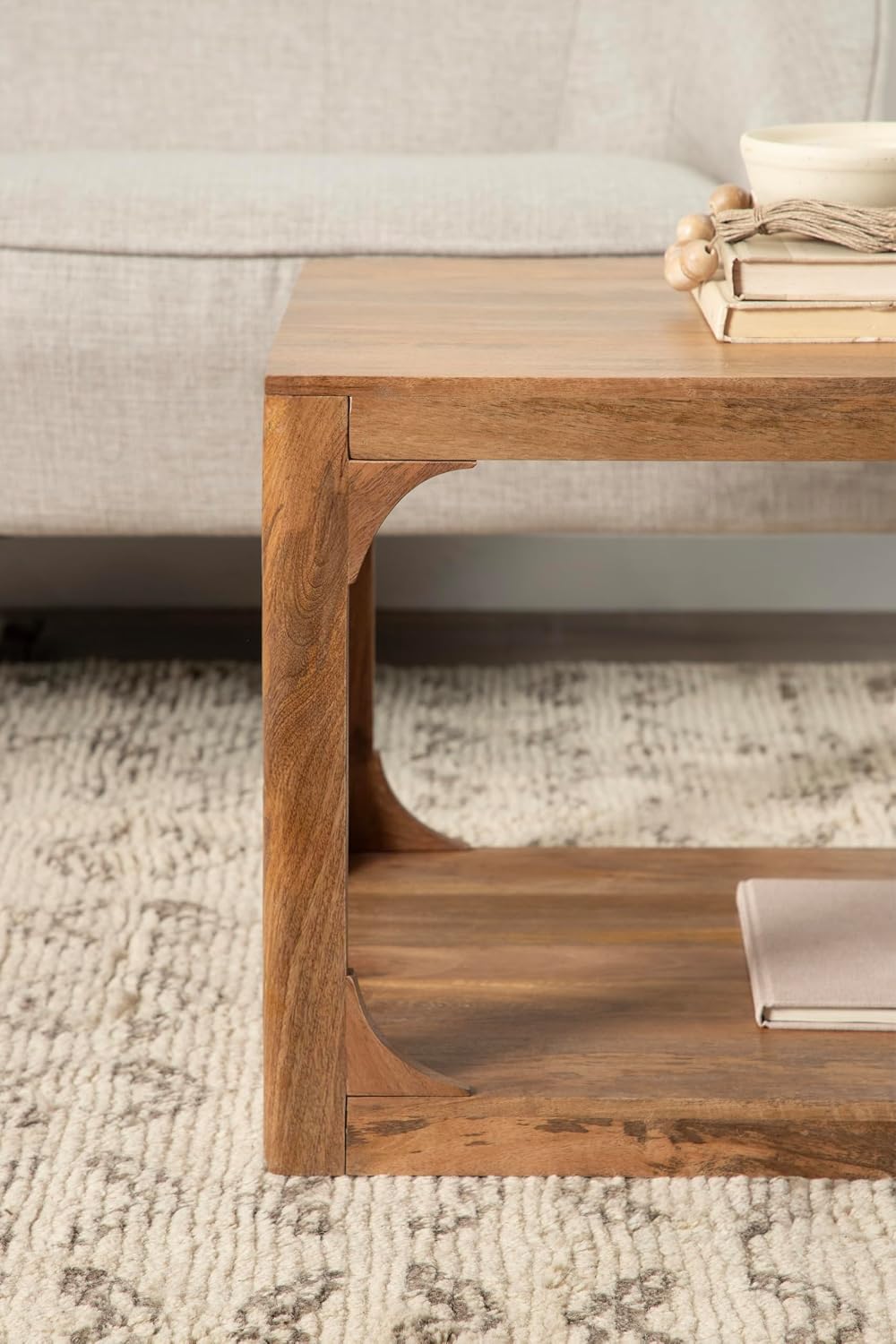 Kate and Laurel Dahl Transitional Rectangular Coffee Table; 36 x 20 x 18; Natural Wood; Modern Rectangle Living Room Table with Solid Mango Wood Construction and Bonus Underlying Storage