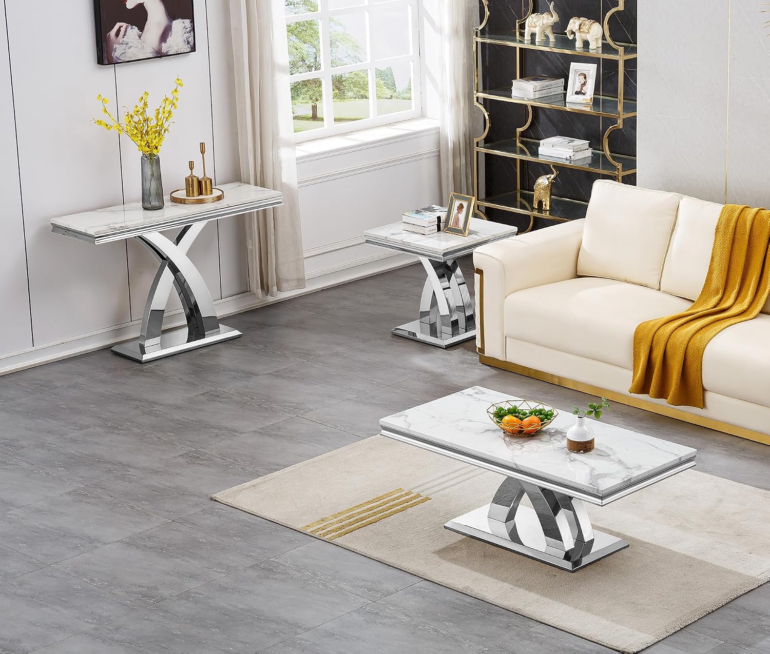 Modern Marble End Table,22' Suqare Side Table with Silver X-Shape Stainless Steel Base,Luxury White Faux Marble End Table Nightstand Pedestal Stand Lamp Table for Hallway, Living Room, Bedroom