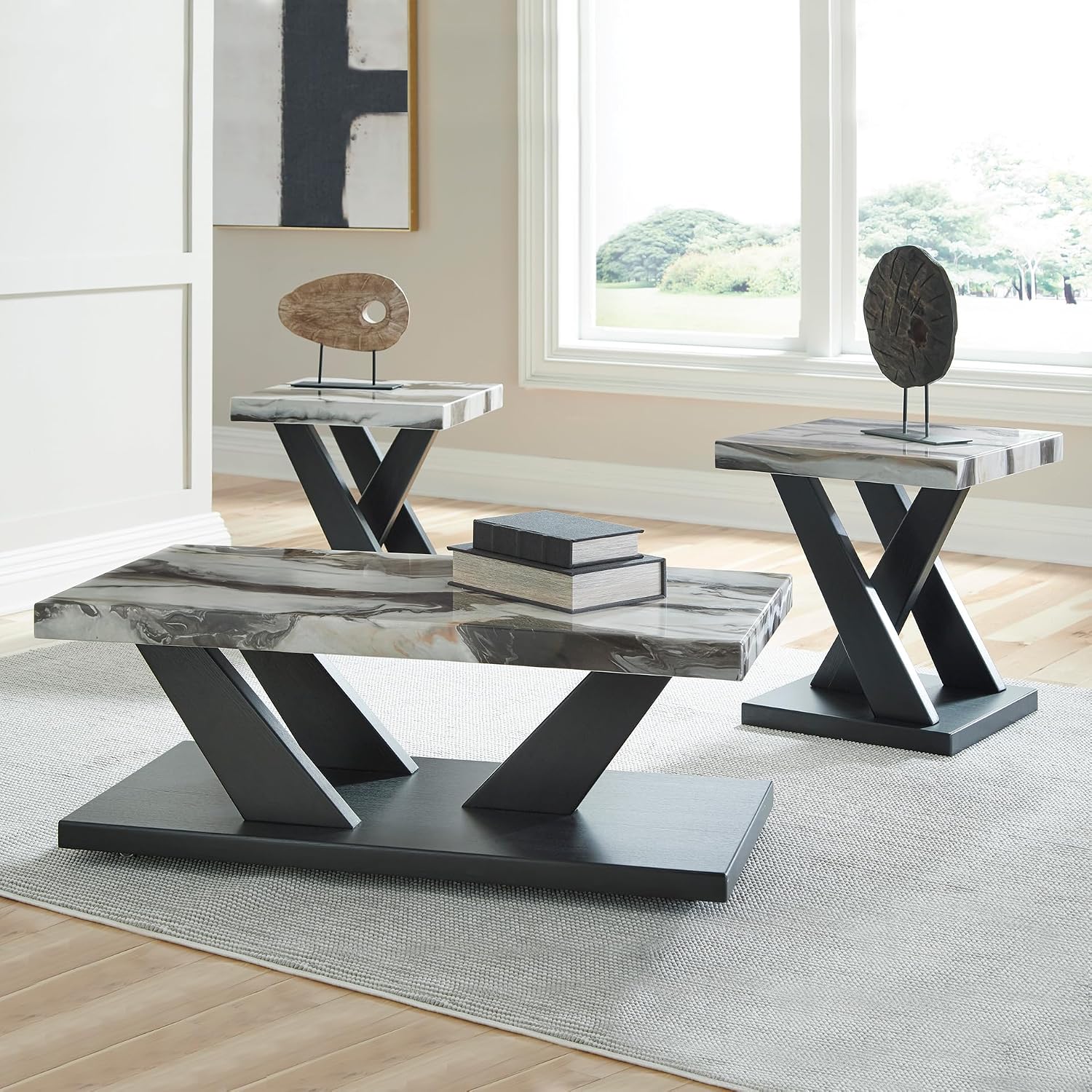 Signature Design by Ashley Cendill Contemporary Faux Marble Table with Casters, Set of 3, White & Black