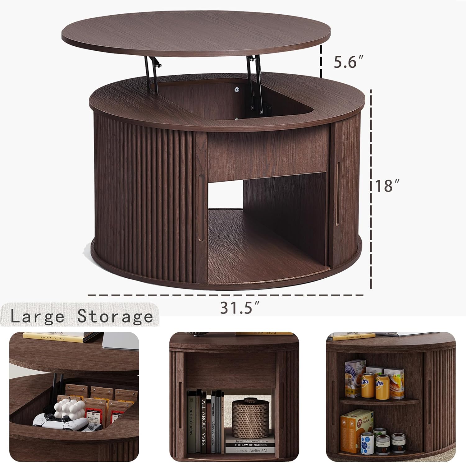 LINSY Lift Top Coffee Table, Round Fluted Coffee Table with Storage, Mid Century Modern Wooden Coffee Tables with Sliding Tambour Door, 31.5' Center Table for Living Room, Office, Small Space, Walnut
