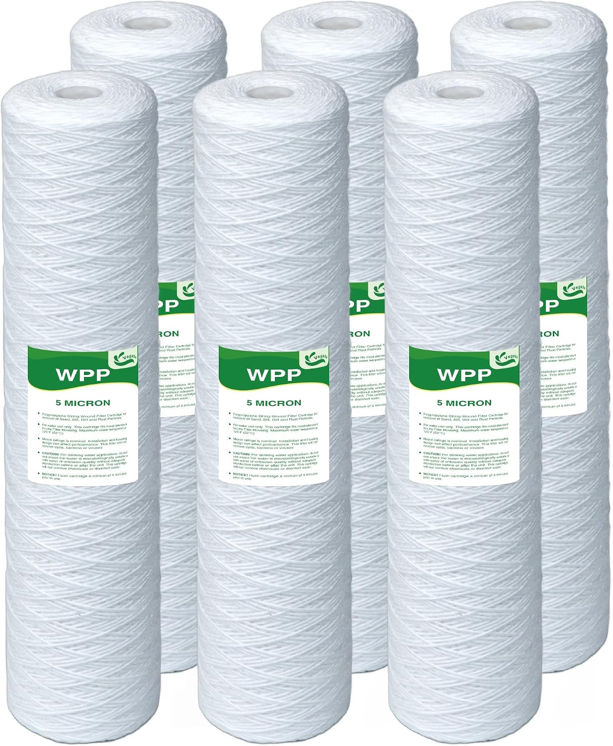 5 Micron Water Filter 20' x 4.5', 20-inch Whole House Heavy Duty String Wound Sediment Pre-Filters for Well Water, Replacement Cartridge for SDC-45-2005, FP25B, DGD-5005-20, 6-Pack