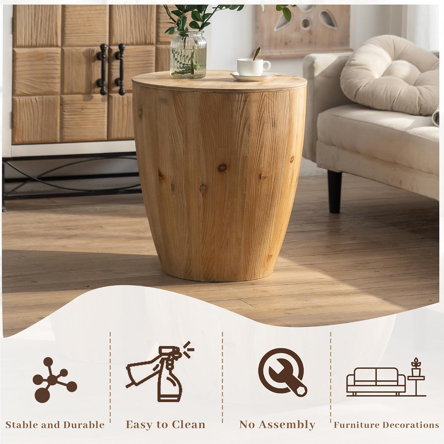21.6' Bucket Shaped Round Coffee Table with Storage, Drum Coffee Table for Office, Dining Room and Living Room, Nature