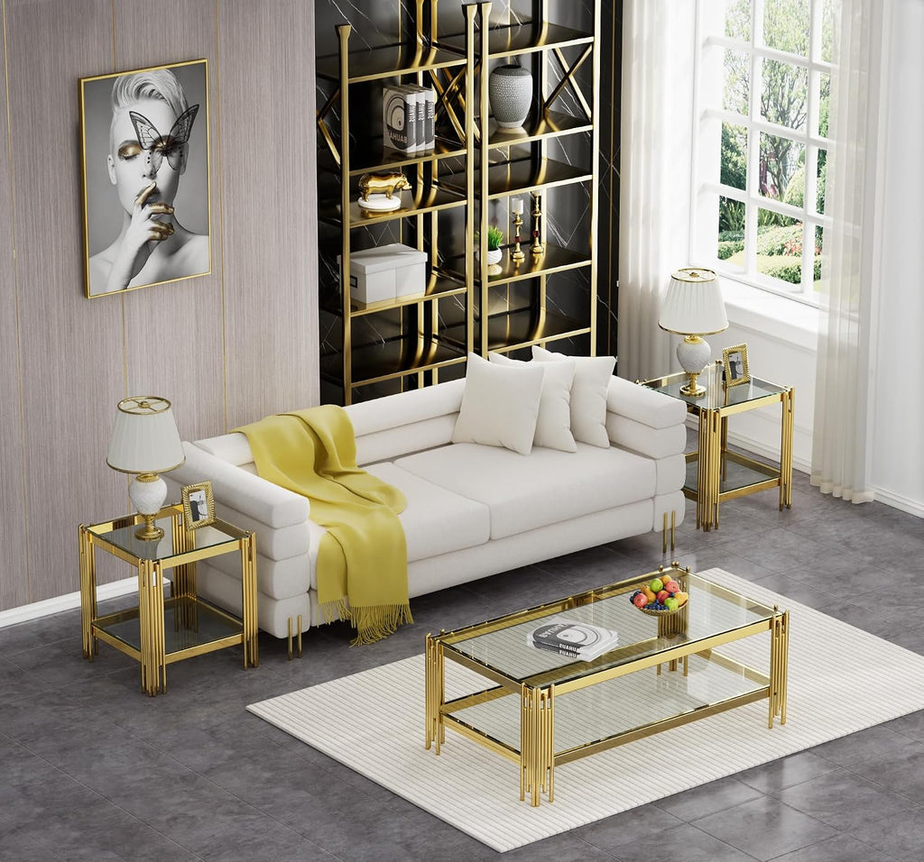 SSLine 3-Piece Living Room Table Set, Modern Clear Glass Coffee Table with 2 End Table, Luxury Rectangle 2-Tier Storage Coffee Table Set with Gold Stainless Steel Frame for Living Room