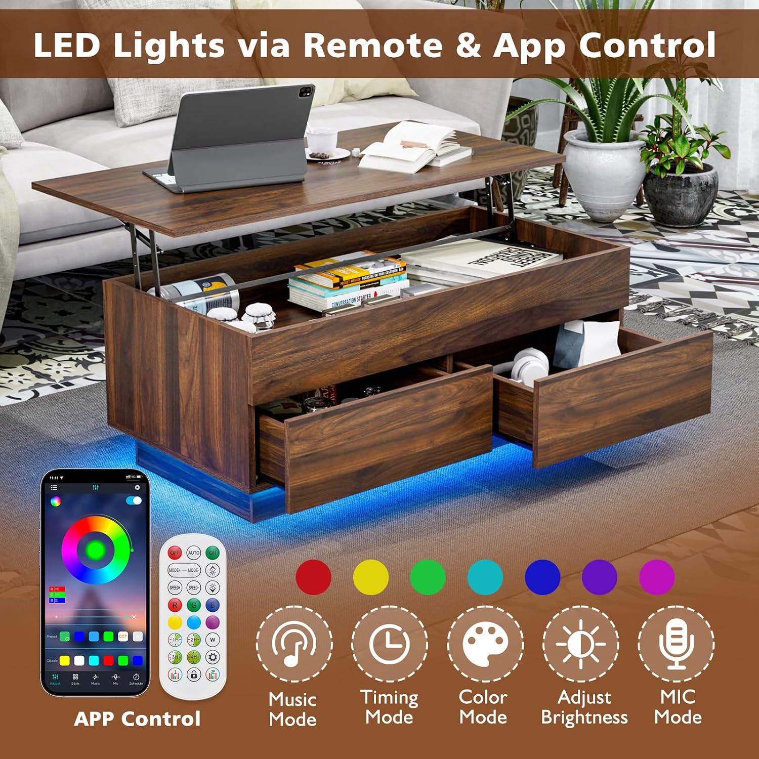 HOMMPA Modern Lift Top Coffee Table with Storage for Living Room, LED Coffee Table, Wooden Lift Table Top Dining Table with 2 Drawers Hidden Compartment & Metal Frame, Walnut