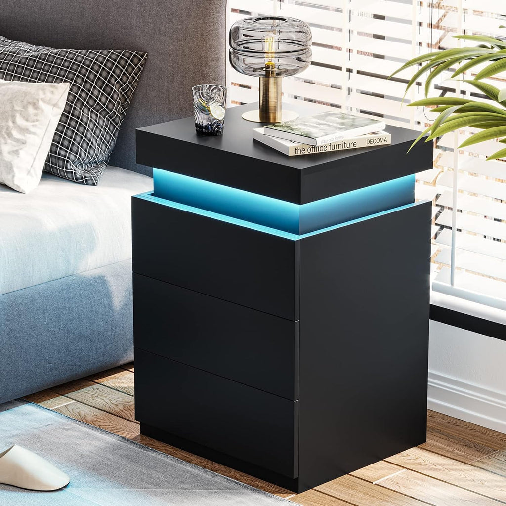 Black Nightstand with Charging Station and LED Light,27'' Tall Night Stand with Sliding Top for Bedroom, Bedside Table with 3 Drawers, Modern End Side Table for Living Room