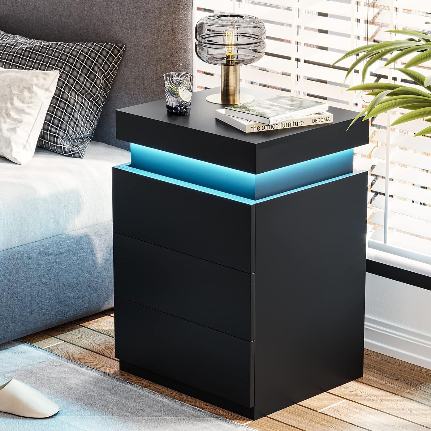 Black Nightstand with Charging Station and LED Light,27'' Tall Night Stand with Sliding Top for Bedroom, Bedside Table with 3 Drawers, Modern End Side Table for Living Room