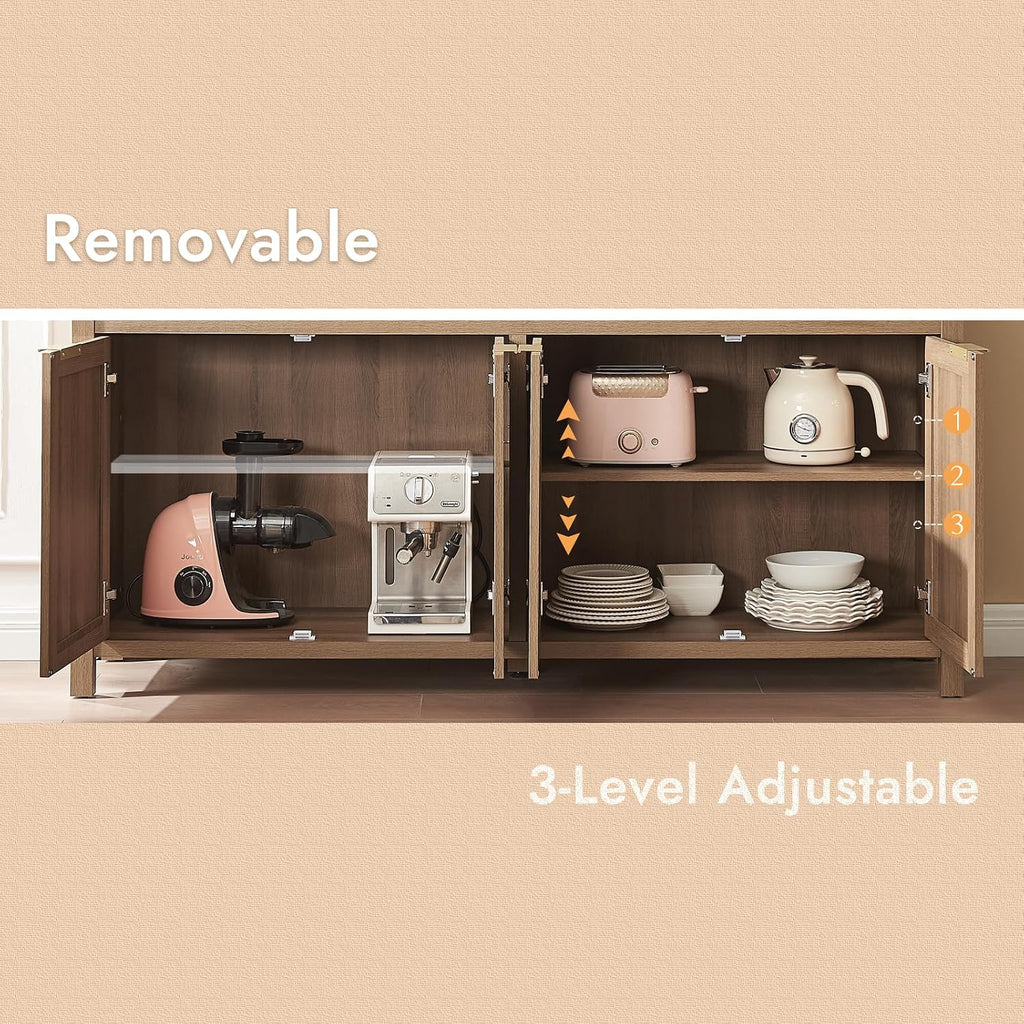 HOKYHOKY Rattan Sideboard Buffet Cabinet Set of 3, Boho Storage Cabinet with Adjustable Shelves, Farmhouse Credenza Coffee Bar Table with Doors & Drawer for Living Room, Hallway & Kitchen