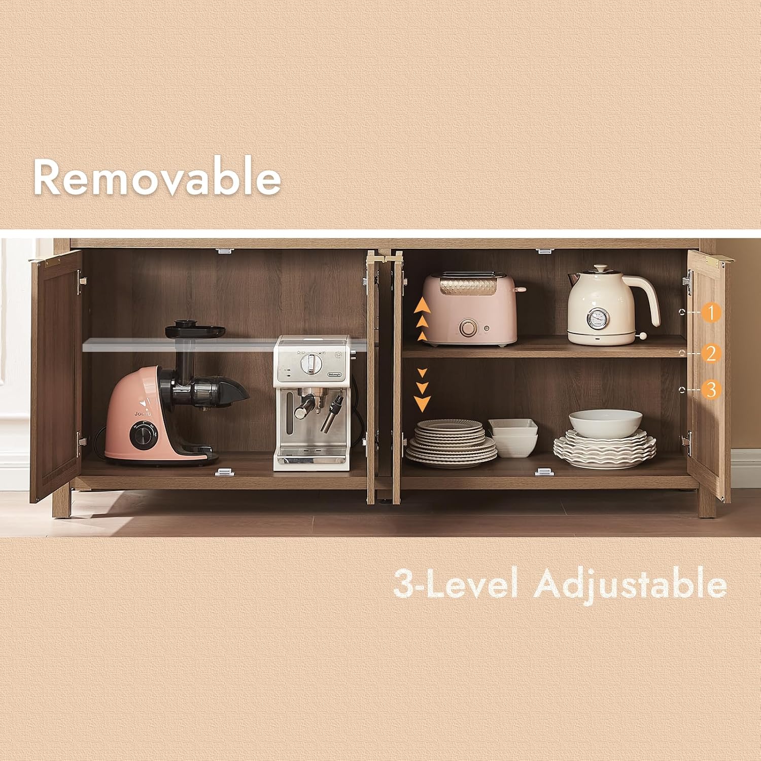 HOKYHOKY Rattan Sideboard Buffet Cabinet Set of 3, Boho Storage Cabinet with Adjustable Shelves, Farmhouse Credenza Coffee Bar Table with Doors & Drawer for Living Room, Hallway & Kitchen