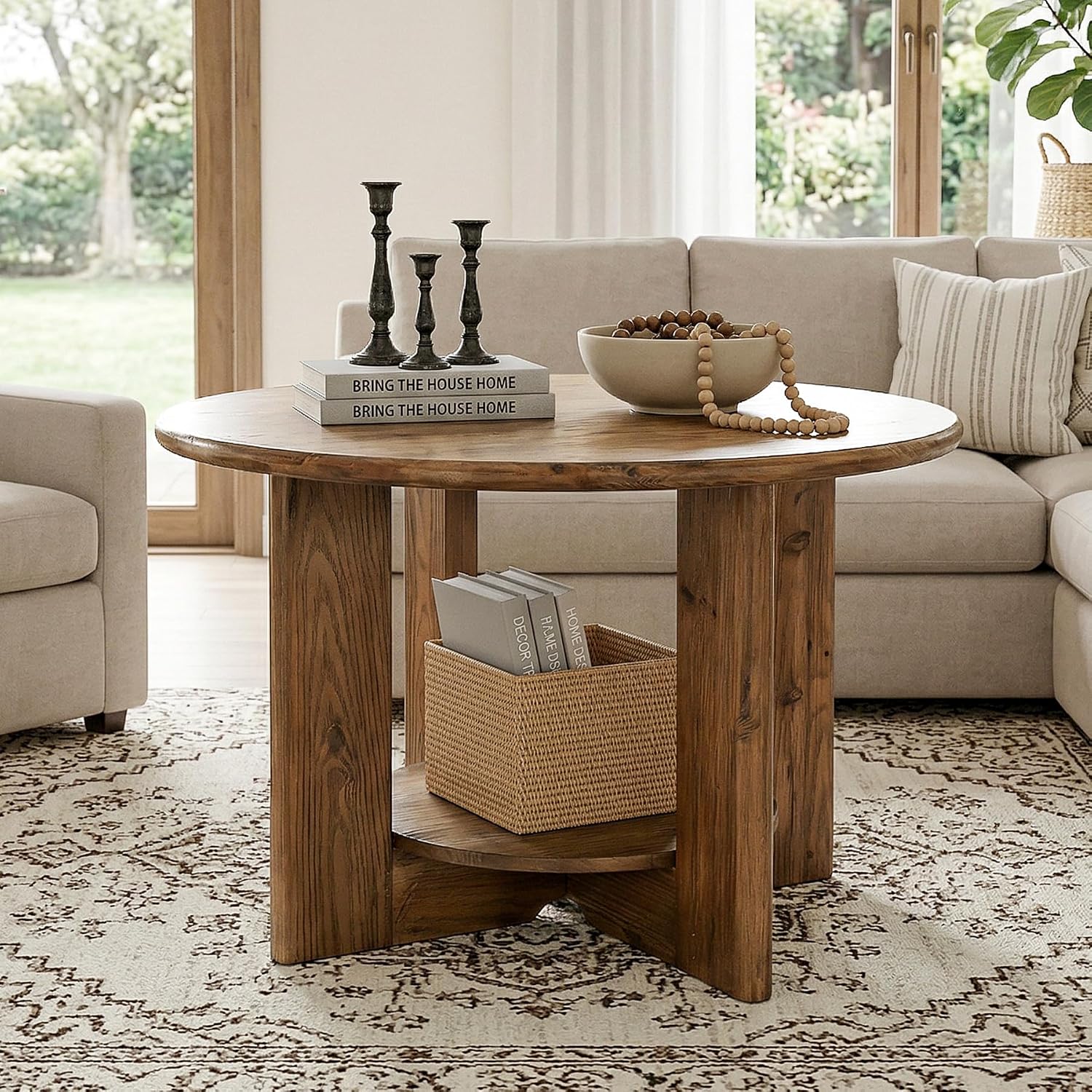 Tribesigns Round Solid Wood Coffee Table, Circle Coffee Table with 2-Tier Storage, Small Farmhouse Center Table for Living Room, Rustic Brown