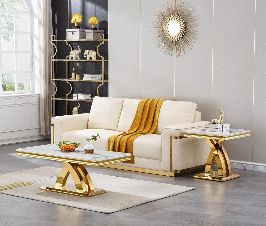 Modern White Gold Coffee Table Set of 3 Faux Marble Coffee Table and End Side Table Set, Luxury 3 Pieces Living Room Table Set with X-Shape Stainless Steel Base for Home Office