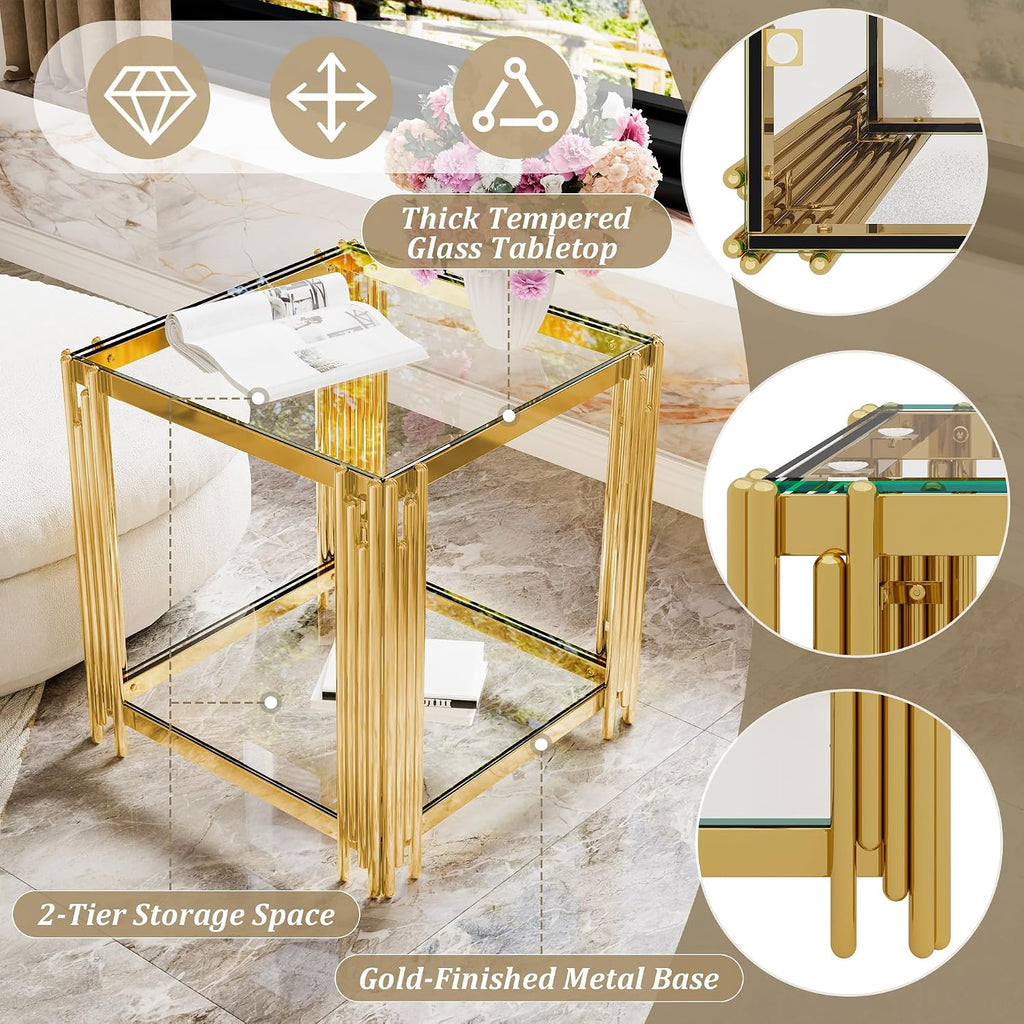 19.9'' Tempered Glass Side Tabel Square End for Living Room, 2-Tier Modern Accent Square Design, Transparent Mirror Tabletop & Metal Drum Base, Easy Assembly, Transparent & Gold