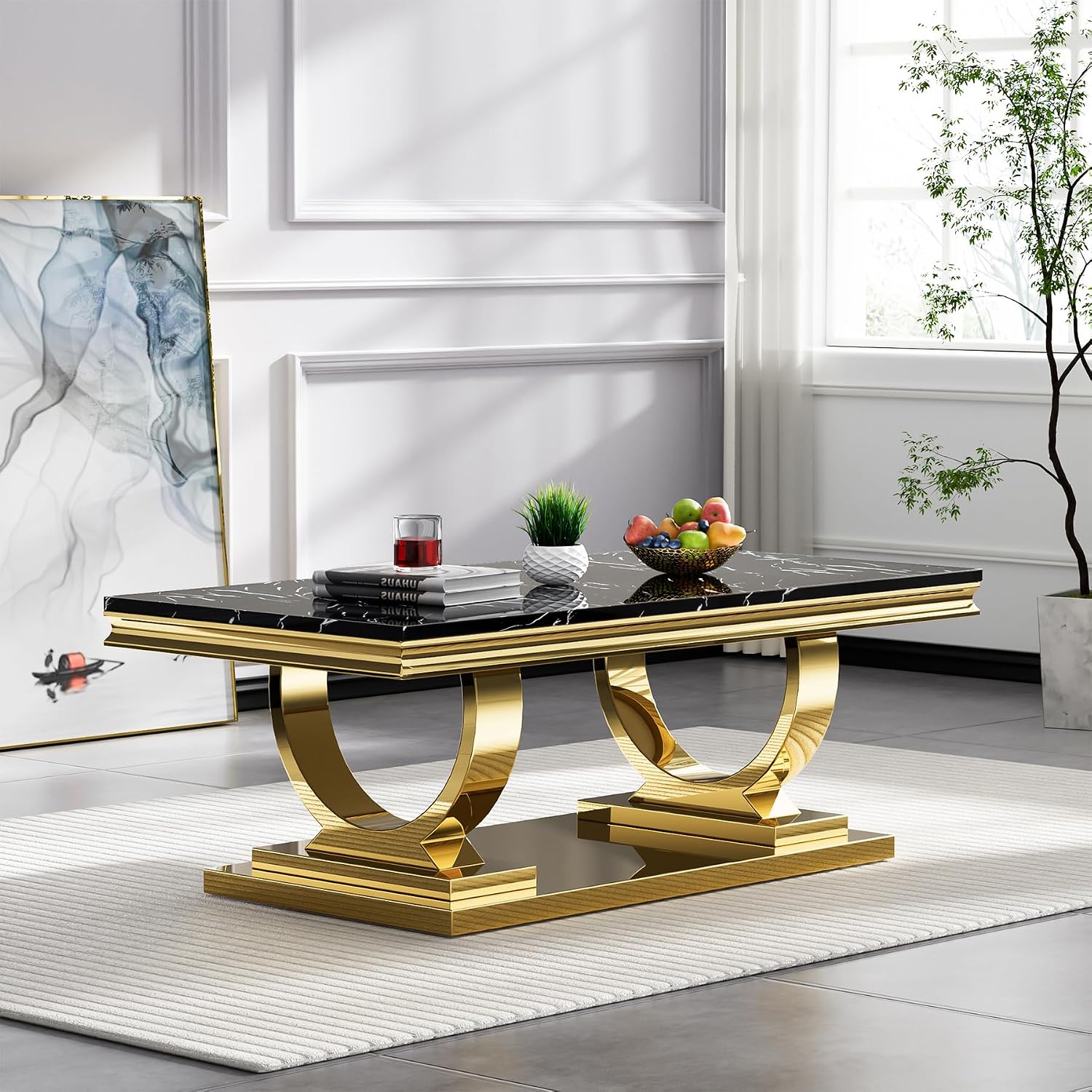 3 Piece Marble Living Room Table Set Modern Black Faux Marble Coffee Table and 2 End Table with Gold O-Shape Stainless Steel Frame Elegant Coffee Table Set of 2 for Home Office