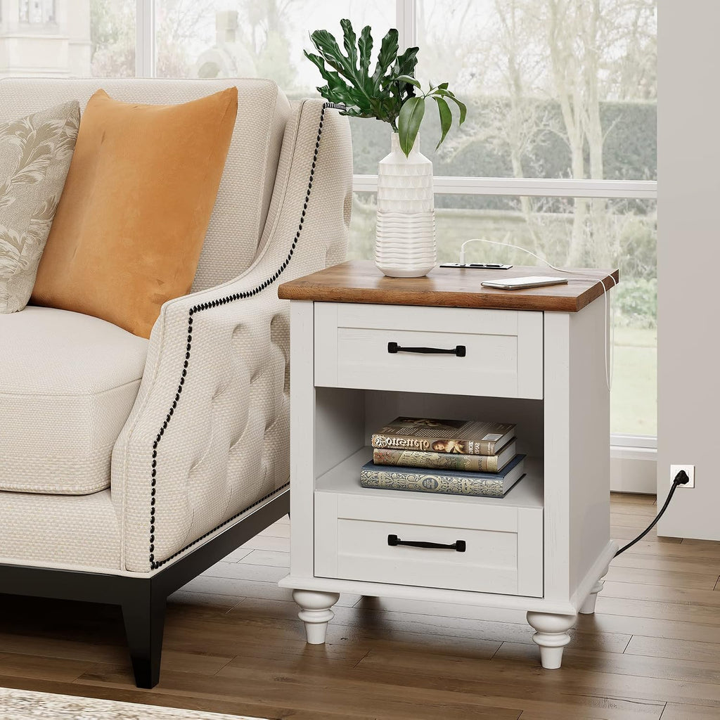 WAMPAT White Coffee Table Set of 3, One Wood Center Table with Drawers, 2 End Side Tables with Charging Station, 3 Pieces Living Room Table Set