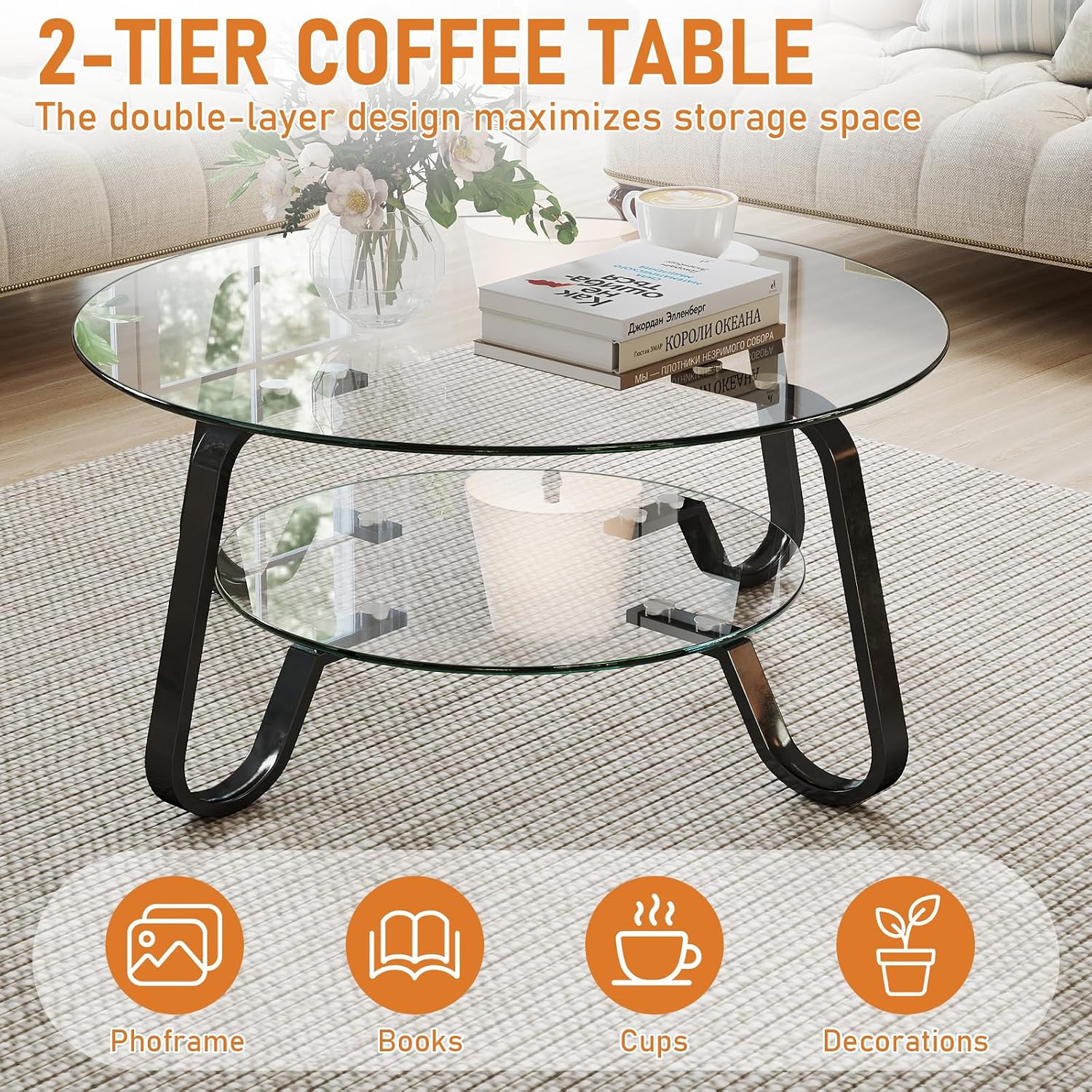 Rovibek Round Glass Coffee Table, 31.5 Modern Glass Coffee Tables with Storage and Metal Frame, 2-Tier Tempered Glass Top Small Center Table for Living Room, Easy Assembly, Black