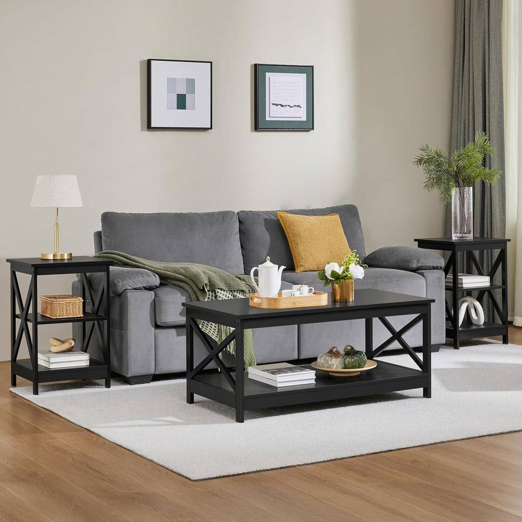 Topeakmart Living Room Table Set of 3, X-Design Occasional Set with 1 Coffee Table and 2 Sofa Side End Tables, Black