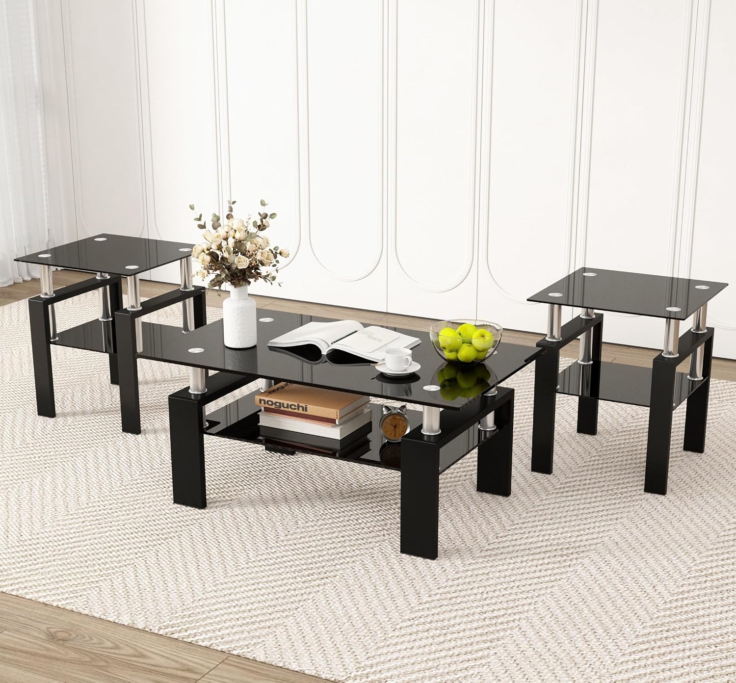 Glass Coffee Table Set of 3, 3-Piece Living Room Tables with Tempered Glass and Metal Frame, Coffee and End Table Sets, Black