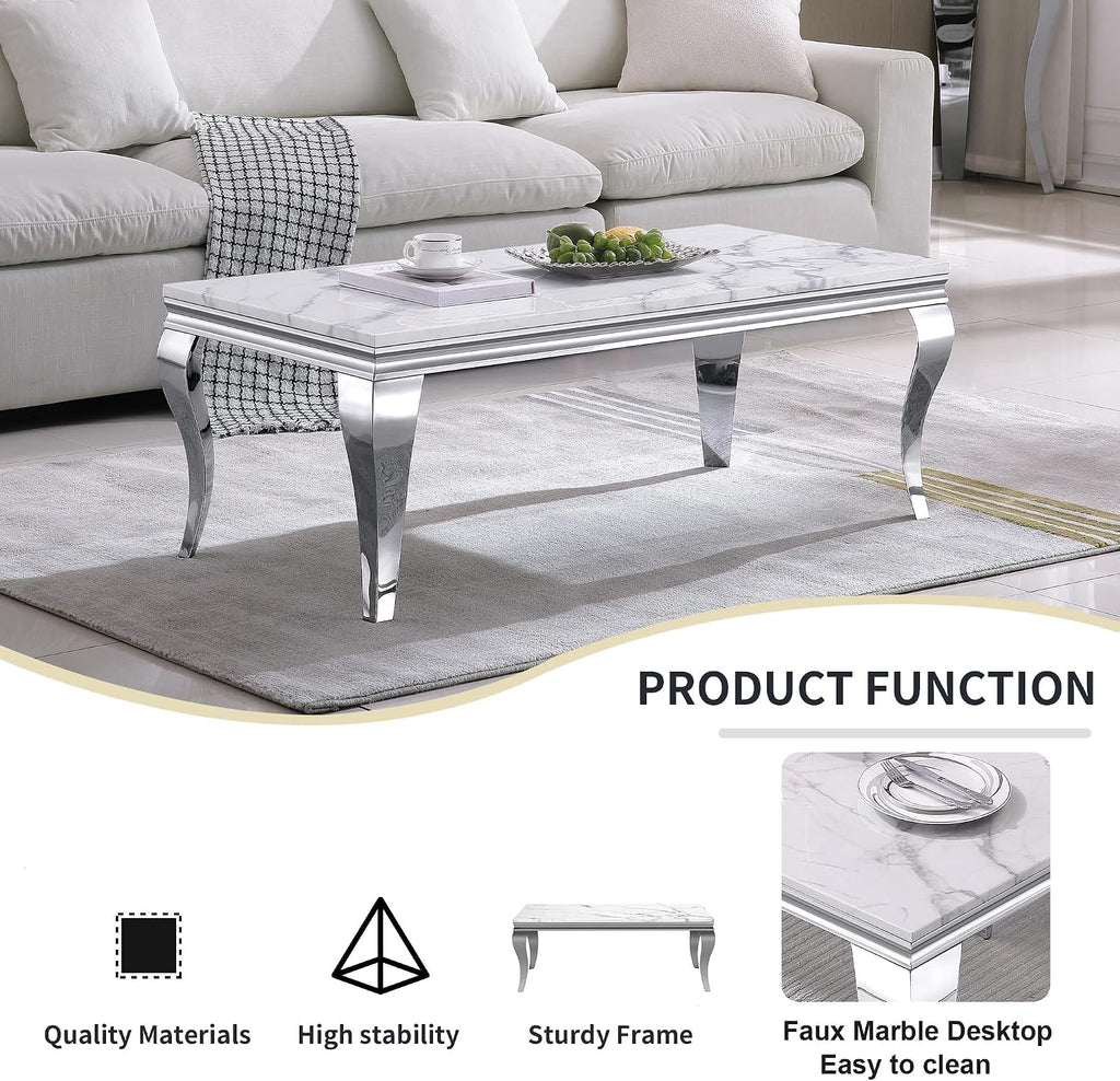 47' Marble Coffee Table for Living Room, Modern White Coffee Table with Silver Stainless Steel S-Shaped Legs, Faux Marble Rectangle Center Table Accent Cocktail Table for Home,Office