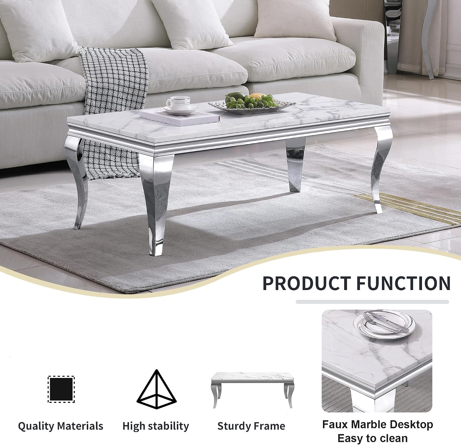 47' Marble Coffee Table for Living Room, Modern White Coffee Table with Silver Stainless Steel S-Shaped Legs, Faux Marble Rectangle Center Table Accent Cocktail Table for Home,Office