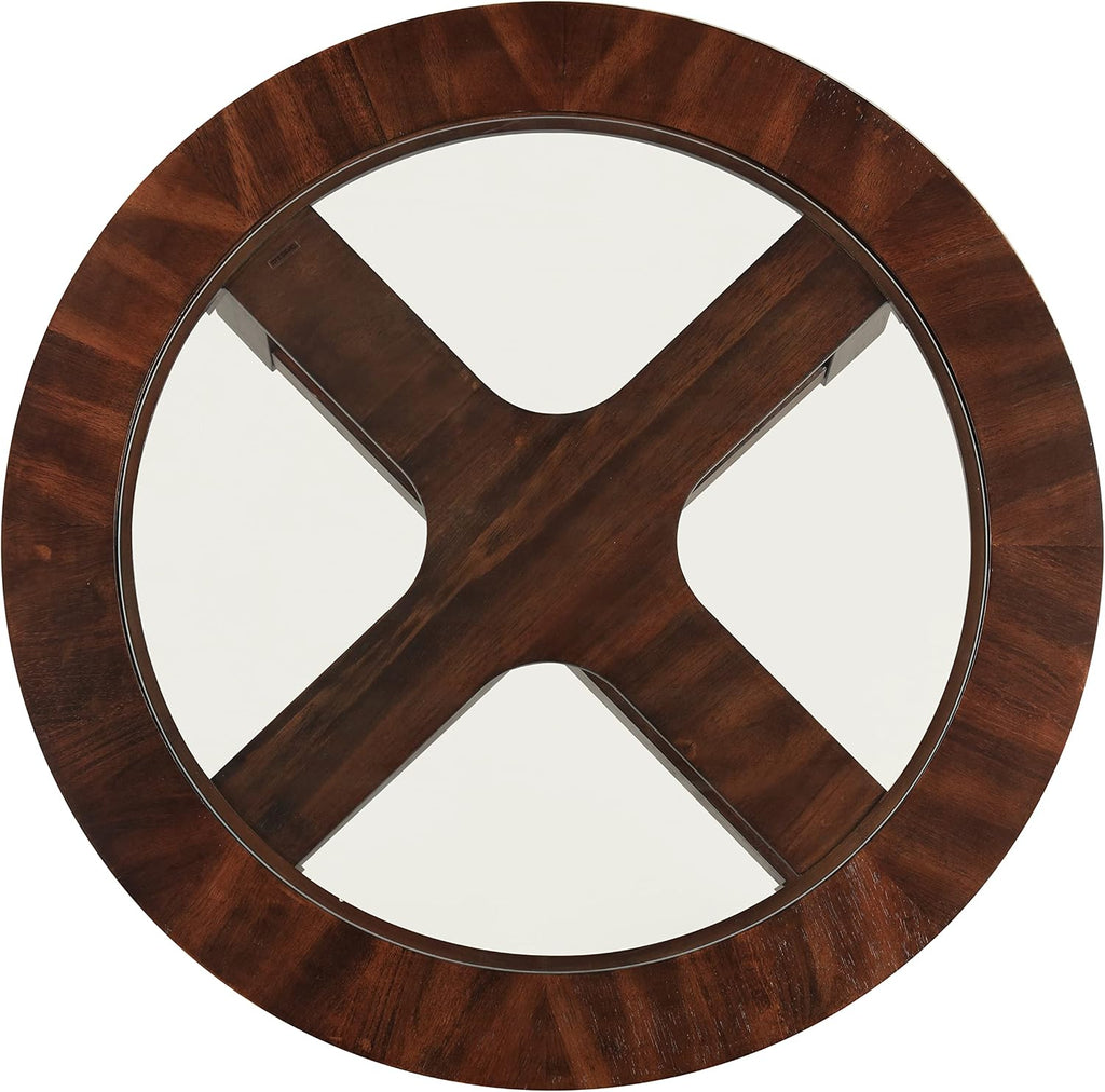 Roundhill Furniture Cylina Solid Wood Glass Top Round Coffee Table with 4 Stools, Espresso, 36.00 x 36.00 x 19.00 Inches