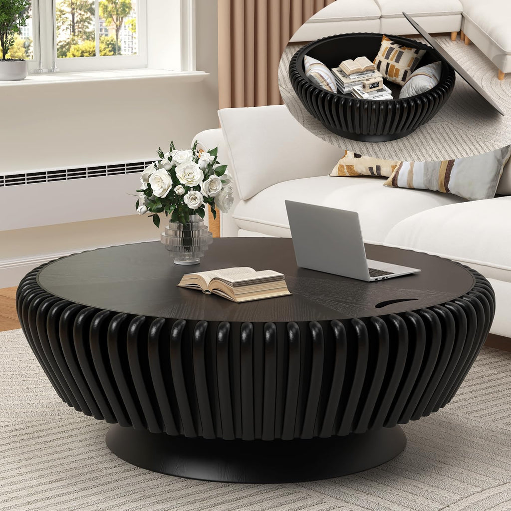 Round Wood Fluted Coffee Table with Storage, 35' Round Fluted Coffee Table with Flip-Top Lid Mid Century Modern Low Circle Drum Coffee Tables for Living Room (Black A, 35')