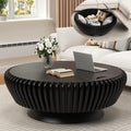 Round Wood Fluted Coffee Table with Storage, 35' Round Fluted Coffee Table with Flip-Top Lid Mid Century Modern Low Circle Drum Coffee Tables for Living Room (Black A, 35')