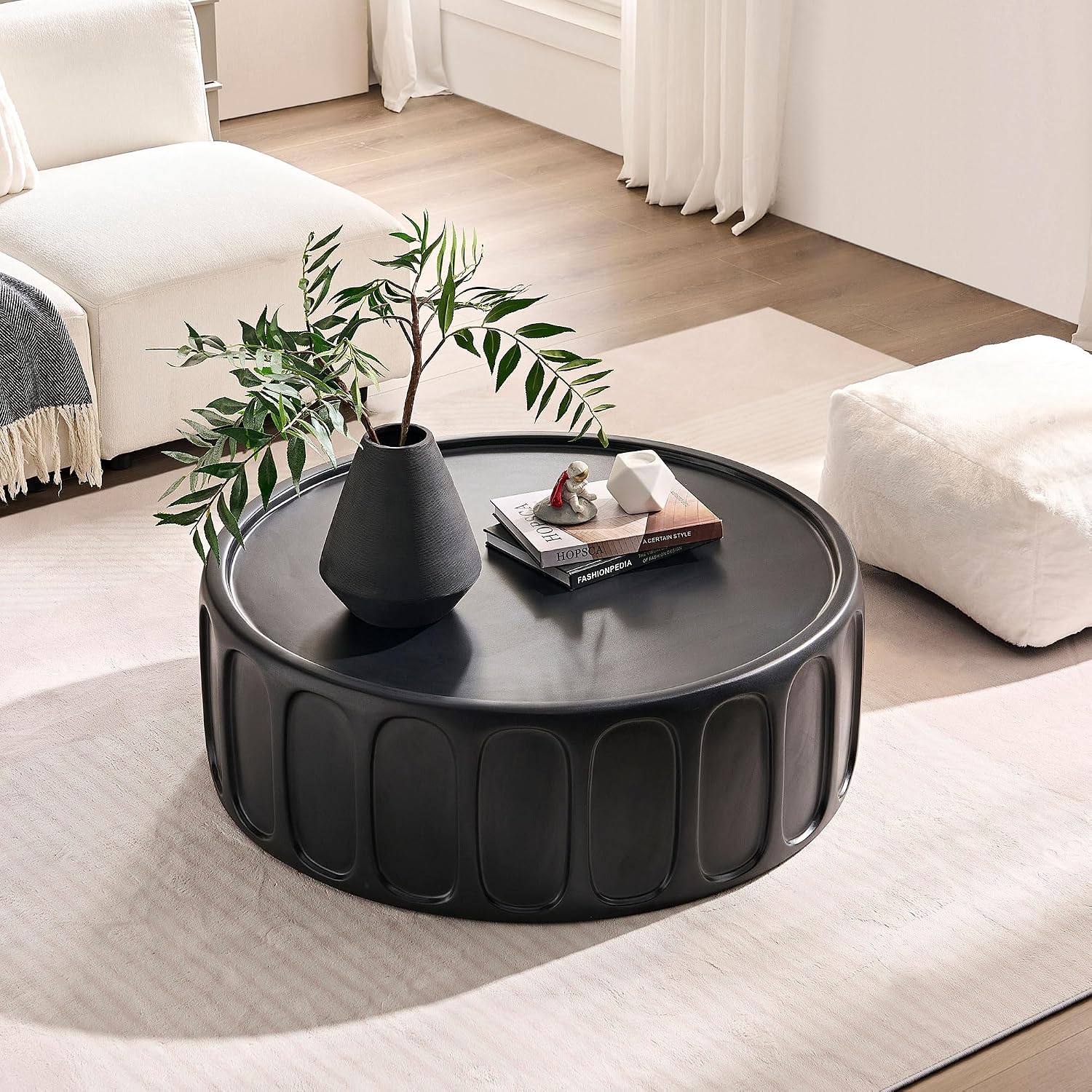 35.43'' Round Center Coffee Table for Living Room Fiberglass Table,Modern Design Coffee Table for Office,Apartment,No Need Assembly,Matte Black