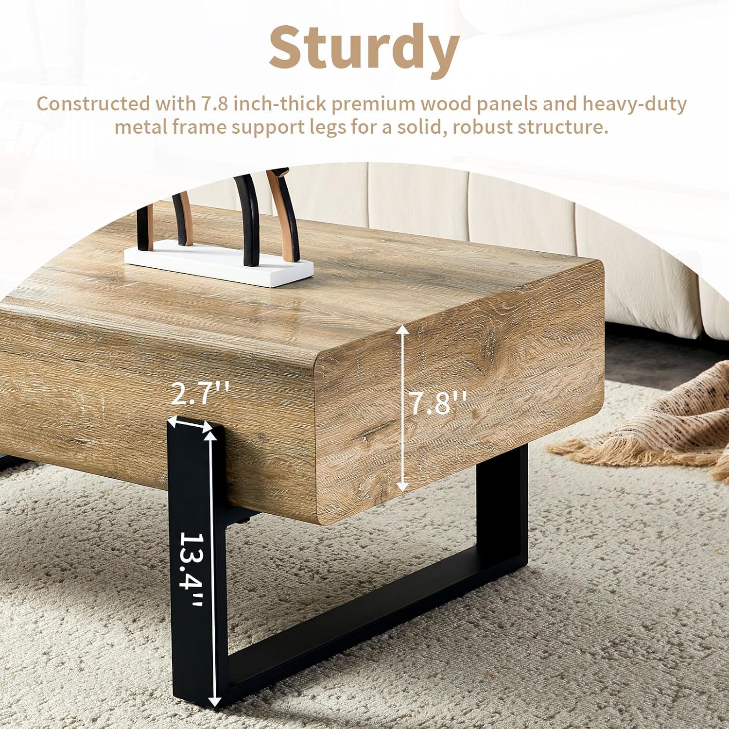 47.24' Rectangle Coffee Table, Wood Coffee Table Center Table with 7.8' Thick Tabletop Metal Legs Rounded Corners for Living Room Office, Natural Wood