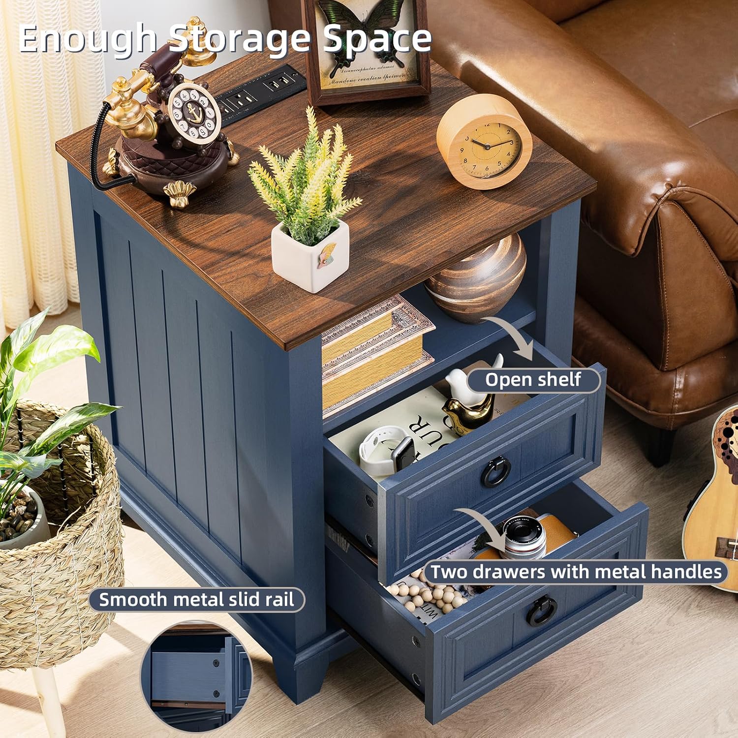 Farmhouse Coffee Table Set of 3, Furniture Set with Charging Station, Coffee Table with Hidden Storage Organizer and Nightsand 3-piece set, Country Center Table Set for Living Room,Office, Home, Blue