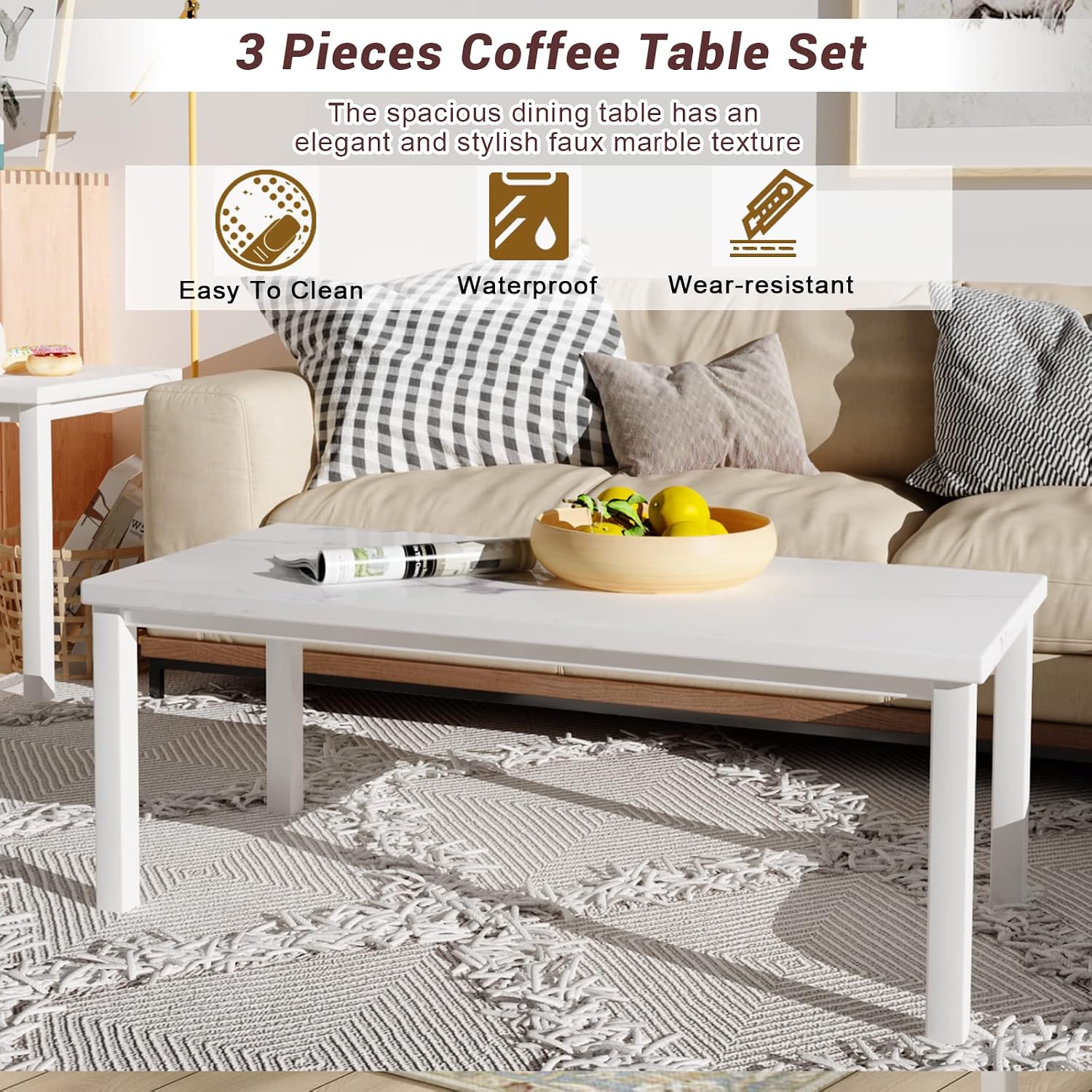 Hooseng 3 Piece Coffee Table Set, Faux Marble Tabletop Style with Black Metal Frame Sofa Side Tables Perfect for Living Room Accent Furniture,Includes Table & 2 End Tables, White